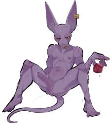 anthro balls beerus bodily_fluids container cup digital_media_(artwork) domestic_cat dragon_ball dragon_ball_super ear_piercing ear_ring erection felid feline felis genital_fluids genitals glass glass_container glass_cup hairless hairless_cat hi_res humanoid_genitalia humanoid_penis liquid looking_at_viewer male male_focus male_only mammal navel nipples nude penis piercing precum ring_piercing royer27_xd solo sphynx_(cat) tail