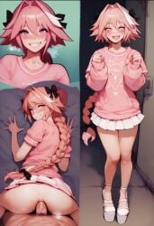 1femboy ai_generated anal_sex astolfo_(fate) fate_(series) femboy greeting_viewer happy high_heels platform_heels smile smiling smiling_at_viewer trap trap_girlfriend