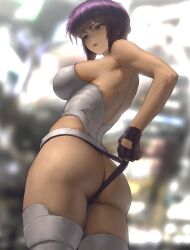 ass backless_leotard breasts closed_mouth commentary expressionless female fingerless_gloves ghost_in_the_shell ghost_in_the_shell_stand_alone_complex gloves highleg highleg_leotard infi_mt kusanagi_motoko large_breasts leotard leotard_pull outdoors purple_hair red_eyes short_hair solo thighhighs