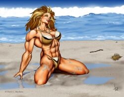 abs beach bikini blonde_hair breasts dcmatthews female hair long_hair muscles muscular muscular_arms muscular_female necklace