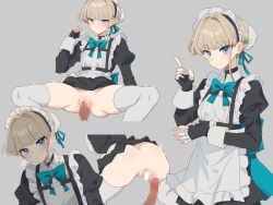 aaua after_vaginal ass blue_archive blue_eyes blush cum cum_in_pussy female highres index_finger_raised legs looking_at_viewer maid maid_headdress maid_uniform multiple_views sex simple_background tagme thighhighs toki_(blue_archive) vaginal_penetration