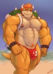 2024 abs anthro areola backpack barazoku beach bedroom_eyes biceps big_muscles body_hair bowser bracelet bulge clothed clothing collar darkbearcave day deltoids eyebrows gay genitals hair happy_trail hi_res horn huge_arms huge_muscles huge_thighs jewelry koopa looking_at_viewer male manly mario_(series) muscular muscular_anthro muscular_male narrowed_eyes navel nintendo nipple_piercing nipple_ring nipples non-mammal_nipples outside pecs penis penis_base piercing pubes quads ring_piercing sand scalie seductive serratus signature sky smile solo speedo spiked_bracelet spiked_collar spiked_tail spikes spikes_(anatomy) standing swimwear tail thick_arms thick_thighs topless topless_anthro topless_male triceps vein veiny_muscles water