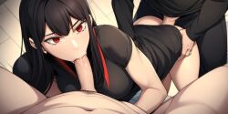 ai_generated anal anal_sex black_hair ceremon_vaughan fellatio hero_killer ihwa large_breasts oral oral_sex red_eyes webtoon