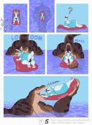 bikini bikini_top floatie furry huge_breasts huge_thighs pool rica431 scalie t-rex tagme vore vore_comic water_park wreaking_havoc yiff