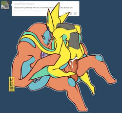 alternate_color ambiguous_gender anal anal_sex ass balls big_penis blush cowgirl_position cum cum_in_ass cum_inside deoxys english_text erection eye_contact legendary_pokemon lying male male_only misericorde muscles nintendo penetration penis plain_background pokémon_(species) pokemon pokemon_(species) sex shiny_pokemon spread_legs spreading text video_games