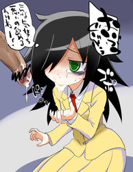 after_fellatio black_hair blush censored clothing cum cum_in_mouth eye_bags faceless_male female green_eyes hair_over_one_eye highres kuroki_tomoko long_hair male necktie okome1034 ore_no_kome penis ringed_eyes school_uniform skirt text translation_request watashi_ga_motenai_no_wa_dou_kangaetemo_omaera_ga_warui!