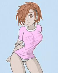 brown_eyes cameltoe erect_nipples female_protagonist_(persona_3) front_view hair kotone_shiomi megami_tense persona persona_3 solo t-shirt technician67