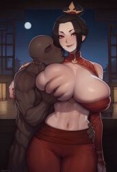 1boy 1girls abs ai_generated alternate_breast_size alternate_eye_color asura_(ai_style) avatar_legends avatar_the_last_airbender azula big_ass big_breasts big_butt big_nipples big_thighs black_hair breast_grab chinese_clothes dark-skinned_male dark_skin female fire_nation grabbing_breasts grabbing_from_behind holding_breast huge_ass huge_breasts huge_butt huge_nipples huge_thighs male male/female massive_breasts muscular muscular_female muscular_male red_eyes standing sweat wanuze white_body