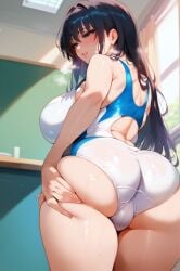 2d ai_generated ass ass_focus ass_grab back_view big_breasts black_hair classroom heavy_breathing indoors kotegawa_yui long_hair sport_swimsuit swimsuit tagme to_love-ru