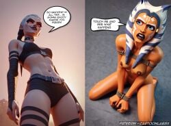 1girls 2girls ahsoka_in_exile ahsoka_tano ahsoka_tano_(imperial) ai_generated arms_up asajj_ventress bondage caption captured clone clone_wars comic comic_page comic_panel defeated english_text fantasy female female_only goth goth_girl humiliated humiliating humiliation medium_breasts petite restrained restraints skinny slim small_breasts speech_bubble star_wars story taunting text text_box text_bubble tied_up toned toned_female