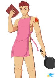 1boy apron apron_only book frying_pan hatsuki_art human male_only muscular naked nipples no_underwear red_eyes red_hair yaoi