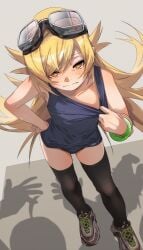 blonde_hair flat_chest fu-ta oshino_shinobu pulling_clothing school_swimsuit