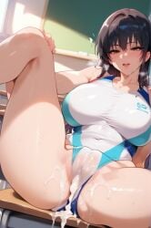 2d after_sex ai_generated big_breasts black_hair classroom cum cum_drip cum_trail day female female_focus indoors kotegawa_yui legs_up long_hair smile smiling swimsuit table tagme to_love-ru white_swimsuit