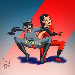 batman:_the_animated_series black_hair black_hair_female cat_suit catwoman dc dc_comics dcau female_only femdom femsub hair_streak open_mouth pained_expression pussy_grab pussy_grip red_claw selina_kyle smug_face smug_smile symbol tears white_hair_streak