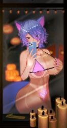 1girls 3d areola_slip areolae ass big_areola big_ass big_breasts big_nipples big_thighs bikini bikini_top breasts cat_ears cat_tail catgirl collar deluxe_rosie eyes_visible_through_hair female female_only hand_on_breast indie_virtual_youtuber mirror mirror_selfie multicolored_hair nipple_slip phone pubic_tattoo revealing_clothes rosie_(vtuber) selfie short_hair string_bikini tan-skinned_female tan_body tan_skin virtual_youtuber