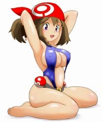 1girls arms_up bandana big_breasts blue_eyes blush breasts brown_hair female large_breasts may_(pokemon) nintendo nipple_bulge nipples nipples_visible_through_clothing pokemon pokemon_rse sling_bikini slingshot_swimsuit solo solo_female thick_thighs thighs tof