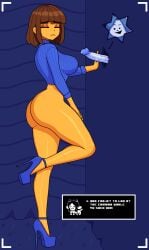 1girl 1girls 2d blue_heels blue_sweater brown_hair commission frisk heels human human_female humanoid looking_at_viewer shy_jaz standing sweater temmie temmie_(undertale) text undertale undertale_(series) yellow_body