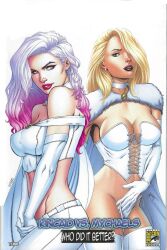 2girls blonde_hair blue_eyes breasts character_request cleavage corset covering_pussy curvy curvy_figure emma_frost female hellfire_club large_breasts marvel marvel_comics multiple_girls panties purple_hair ryan_kincaid white_queen x-men