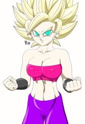 areolae belly blonde_hair breasts caulifla dragon_ball dragon_ball_super female female_focus female_only green_eyes nipples pussy serious_look spiky_hair super_saiyan wetlaw wrist_cuffs yellow_hair