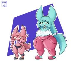 anthro ass belly big_breasts big_butt big_ears black_eyes blue_body blue_fur bottomwear breasts clothing collar crop_top duo female femboy footwear fur hi_res hotpants jewelry leg_wrap male mammal markings mature_female moonix_xero mother_(lore) mother_and_child_(lore) mother_and_son_(lore) necklace overweight pants parent_(lore) parent_and_child_(lore) parent_and_son_(lore) pear-shaped_figure piercing red_body red_fur shirt shoes short_stack shorts size_difference slightly_chubby slippers smile son_(lore) tail teapot_(body_type) thick_thighs topwear unknown_species wide_hips wrinkles