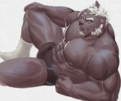 2018 abs anthro bara barazoku biceps black_body black_clothing black_fur black_underwear brown_eyes bulge clothed clothing deltoids episode0006 facial_hair felid footwear forearm_muscles fur goatee hair hand_on_knee hand_on_leg looking_at_viewer lying male mammal mayther_(episode0006) muscular muscular_anthro muscular_male nipples obliques on_side pantherine pantsless pecs serratus sideburns simple_background socks solo topless underwear whiskers white_background white_clothing white_footwear white_hair white_socks