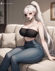 1girls ai_generated blue_eyes cleavage clothed jeans midriff pale_skin platinum_hair ponytail sitting thick_thighs white_skin wide_hips winesnow