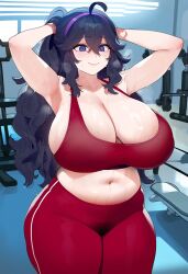 ai_generated arms_up bbw big_woman bigger_female blue_eyes gigantic_breasts gym gym_clothes gym_uniform hairband hairy_pussy hex_maniac huge_breasts huge_thighs light-skinned_female light_skin long_hair massive_breasts nintendo pequod pokemon pokemon_xy ponytail purple_hair smiling solo_female squatting thick_body thick_female thick_thighs thighs voluptuous voluptuous_female