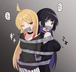 2girls back_to_back black_hair blonde_hair blunt_bangs bocchi_the_rock! bondage bound_together breasts collarbone gag green_eyes highres ijichi_seika improvised_gag looking_at_viewer multicolored_hair multiple_girls pa-san raftetram restrained sweat tape tape_gag two-tone_hair upper_body