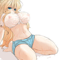 blonde_hair breasts denim_shorts hjm huge_breasts kyoukaisenjou_no_horizon mary_stuart midriff navel nipples no_bra scar see-through sheer short_shorts shorts simple_background tied_shirt wet wet_clothes wet_shirt white_background