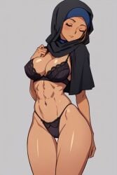 1girls abs ai_generated big_breasts black_bra black_clothing black_lingerie black_panties blush blushing breasts cameltoe cleavage closed_eyes dark-skinned_female dark_skin female female_only hijab lace-trimmed_bra lace-trimmed_panties lace_trim lingerie muslim muslim_female navel orange_hair pussy red_hair simple_background slim_waist smile smiling solo solo_female wide_hips