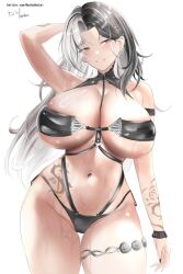 1girls arms_up bikini black_hair breasts_bigger_than_head breasts_out_of_clothes earrings goddess_of_victory:_nikke hourglass_figure large_breasts light-skinned_female light_skin long_hair looking_at_viewer multicolored_hair nashuhentai painted_nails rosanna_(chic_ocean)_(nikke) rosanna_(nikke) smile solo_female solo_focus tattoo thick_thighs white_hair