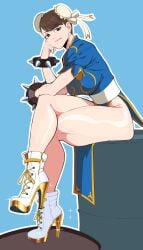 1girls 2024 bare_legs bare_thighs big_ass brown_eyes brown_hair bun_cover capcom chinese_clothes chun-li crossed_legs double_bun female female_focus female_only heels high_heel_sneakers high_heels highres legs_crossed looking_at_viewer mature_female milf octavius_dp sash smile spiked_bracelet street_fighter thick_thighs thighs wide_hips