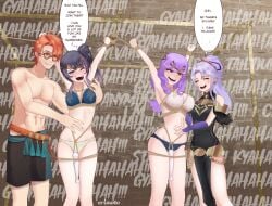 1boy 3girls abs alternate_costume and armpits arms_up bare_arms bare_legs bare_midriff black_hair blue_bra blue_panties bondage bound bound_legs bra breasts bridal_gauntlets cleavage closed_eyes crying crying_with_eyes_open dress earrings english_text erimoto female femdom fire_emblem fire_emblem:_genealogy_of_the_holy_war fire_emblem:_three_houses fire_emblem_heroes glasses grin heart-shaped_pupils kiran_(fire_emblem) kiran_(fire_emblem)_(female) large_breasts laugh legs long_hair looking_at_viewer male maledom medium_breasts midriff multicolored_hair multiple_girls muscular muscular_male official_alternate_costume one_eye_closed open_mouth orange_eyes orange_hair original panties pelvic_curtain pink_eyes ponytail purple_hair restrained rope rope_bondage sex_toy short_hair side_ponytail smile standing sunglasses swim_trunks swimsuit sylvain_jose_gautier sylvain_jose_gautier_(summer) tailtiu_(fire_emblem) tailtiu_(resplendent)_(fire_emblem) text tickling topless underwear vibrator vibrator_on_pussy white_bra white_panties