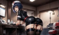 ai_generated arm_band ass ass_focus bent_over black_latex black_latex_garter_straps black_latex_gloves black_latex_thighhighs black_lips black_lipstick bob_cut brown_eyes butt_focus choker desk doctor's_office dominant dominant_female garter_straps glossy_lips goth holding_onto_desk knowing_look latex latex_clothing latex_gloves latex_nurse latex_thighhighs looking_at_viewer looking_back_at_viewer navy_blue_hair nurse nurse_cap nurse_uniform pantyshot persona persona_5 persona_5_royal rear_view red_belt seductive short_dress short_hair showing_ass showing_off showing_off_ass skindentation skintight studded_choker tae_takemi thighhighs upskirt