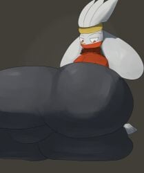 2024 anthro ass balls big_balls big_butt black_body butt_squish colored digital_media_(artwork) generation_8_pokemon genitals grey_ears grey_face grey_hair hair hi_res huge_butt long_ears looking_at_butt looking_at_own_butt looking_down looking_down_at_self lying male nintendo on_side pleasantlyplumpthiccness pokemon pokemon_(species) presenting presenting_hindquarters raboot red_eyes shaded solo squish thick_thighs yellow_nose