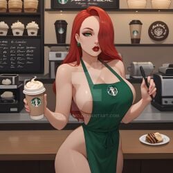 1girls ai_generated apron barista breast breasts cleavage curvaceous curvaceous_body curves curvy curvy_body curvy_female curvy_figure curvy_milf deviantart exposed_breast exposed_breasts female female_only green_eyes hourglass_figure jessica_rabbit light-skinned_female light_skin milf okosumo red_hair sideboob solo solo_female starbucks voluptuous voluptuous_female watermark who_framed_roger_rabbit