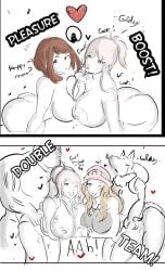 2girls anal blonde_hair blue_eyes comic completely_nude crossover english_text generation_1_pokemon generation_4_pokemon hearts_around_body holding_hands lucario machoke male_pokemon/female_human my_hero_academia nipples ochako_uraraka original_character paizuri pink_hair pokemon pokemon_(species) pokephilia serena_(pokemon) sex smiling smiling_at_viewer standing tongue tongue_out white_background zoophilia