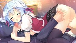 1boy ass_grab blue_hair blush braids breasts censored closed_eyes cunnilingus fellatio female game_cg hair koba_kazuomi koi_saku_miyako_ni_ai_no_yakusoku_wo_~annaffiare~ natsume_eri nipples oral penis ribbons seifuku short_hair skirt thighhighs winifred_d_land