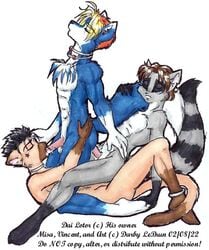 2002 anal black_hair blonde_hair blue_fur canine closed_eyes cum cum_in_mouth elysium furry gay group hair male no_humans oral raccoon threesome