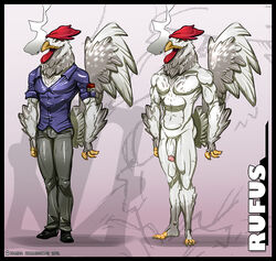 2013 abs anthro avian bad_breath beak biceps cigarette clothing feathers hollandworks kamina1978 male male_chicken male_only model_sheet muscles nude penis shoes smoking solo spots standing yellow_eyes