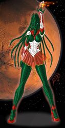 1girls alien bishoujo_senshi_sailor_moon blue_eyes breasts cameltoe clothing cosplay crossover female female_focus female_only fire green_nipples green_skin grriva high_heels pussy sailor_mars_(cosplay) sil skirt small_breasts solo solo_female space species_(franchise) spell_tag