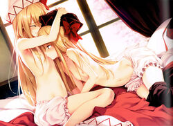 2girls bed blonde_hair bloomers bloomers_(victorian) blush curtains dual_persona dutch_angle female flat_chest hat head_grab high_resolution ke-ta licking lily_black lily_white long_hair multiple_girls navel nipples red_eyes selfcest sitting tears topless touhou underwear underwear_only wariza window yuri