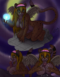 anthro batch blonde_hair breasts cheetah cum cum_on_breasts cum_on_face cum_on_stomach feline female fur furry hair magic male nipples paizuri penis spots straight tongue wings