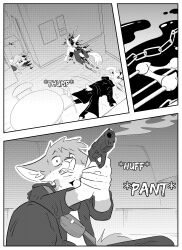 absurd_res anthro beau_(undying_void) black_and_white blood bodily_fluids canid canine clothed clothing comic corpse female fox gore group gun handgun henry_(undying_void) hi_res horn inner_ear_fluff inside kifyun2 lagomorph leporid lydia_(undying_void) male mammal marble_fox max_undying_void) monochrome pistol rabbit ranged_weapon red_fox simple_background text true_fox tuft weapon