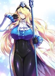 1girls 505_games ass blonde_hair bloodstained:_curse_of_the_moon_2 bloodstained:_ritual_of_the_night blue_eyes bodysuit breasts clothed coat dominique_baldwin_(bloodstained) female female_only glasses hat ichijo_ahuro inti_creates large_breasts long_hair looking_at_viewer nun smile spear tight_clothing