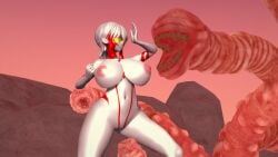 big_mouth breasts cameltoe female fight fighting fighting_stance giant_breasts imminent_rape imminent_sex large_breasts monster navel nipples pussy short_hair silver_hair superhero superheroine teeth tentacle ultraman_(franchise) ultrawoman