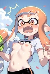 1girls ^^^ bangs bike_shorts blue_sky blunt_bangs blush breasts breasts_out clothing cloud day ear_blush embarrassed eyebrows fangs female female_only headwear holding holding_water_gun inkling inkling_girl long_hair mask navel nipples no_bra nose_blush open_mouth orange_eyes orange_hair outdoors petals pointy_ears shirt shirt_lift short_sleeves shorts single_vertical_stripe sky small_breasts smile solo splatoon splatoon_(series) stomach super_smash_bros. surprised sweat sweatdrop t-shirt teeth tentacle_hair torn_clothes torn_shirt upper_body wardrobe_malfunction water_gun white_shirt