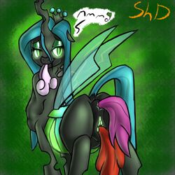 2013 anal_vore anus apple_bloom_(mlp) changeling female feral friendship_is_magic glowing glowing_eyes green_background green_eyes hair half-closed_eyes high_resolution my_little_pony plain_background pussy queen_chrysalis_(mlp) scootaloo_(mlp) shdingo sweetie_belle_(mlp) unbirthing vore wings