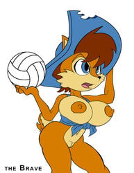 anthro areola ball beach_ball big_breasts blue_eyes breasts chipmunk erect_nipples female hair hat navel nipples plain_background pussy red_hair sally_acorn sega skimpy solo sonic_(series) the_brave white_background