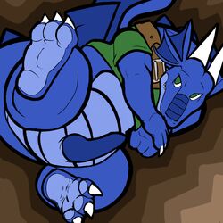 3_toes abstract_background blue_scales bottomless brown_background claws clothing collar dragon foot_focus futonmania gradient_background green_eyes hindpaw lying male male_only odendo_(character) on_back paws penis plain_background simple_background solo teeth toe_claws